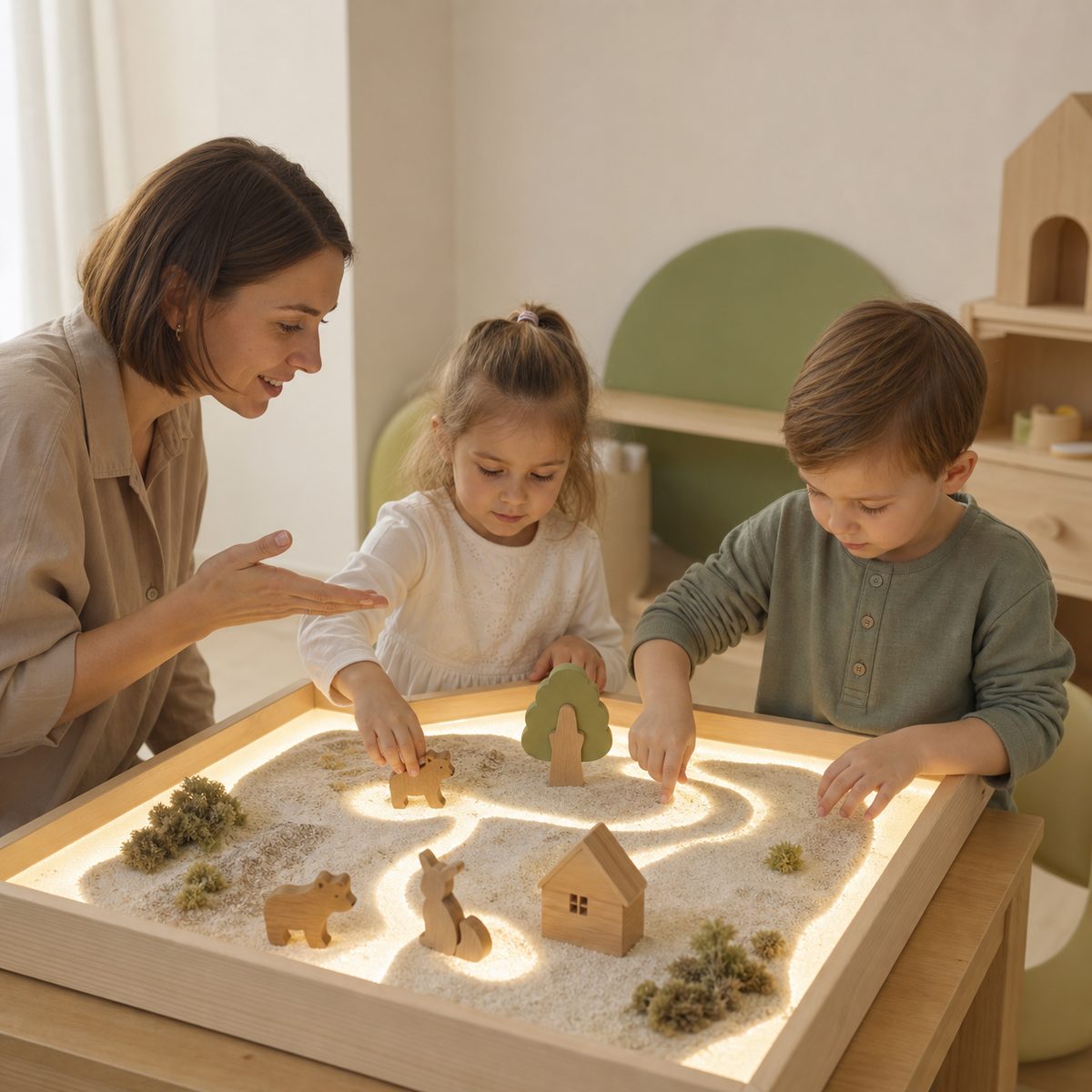 Дети занимаются с педагогом за световым песочным столом